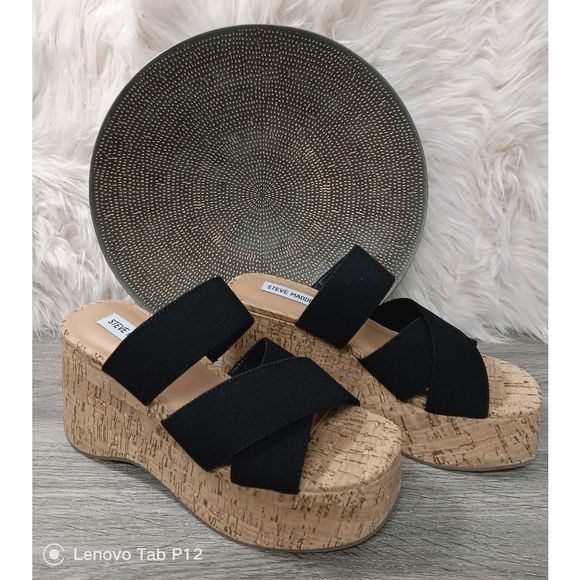 Steve Madden Women's Deo Strappy Platform Wedge Sandals - Black 8M - Picture 1 of 5